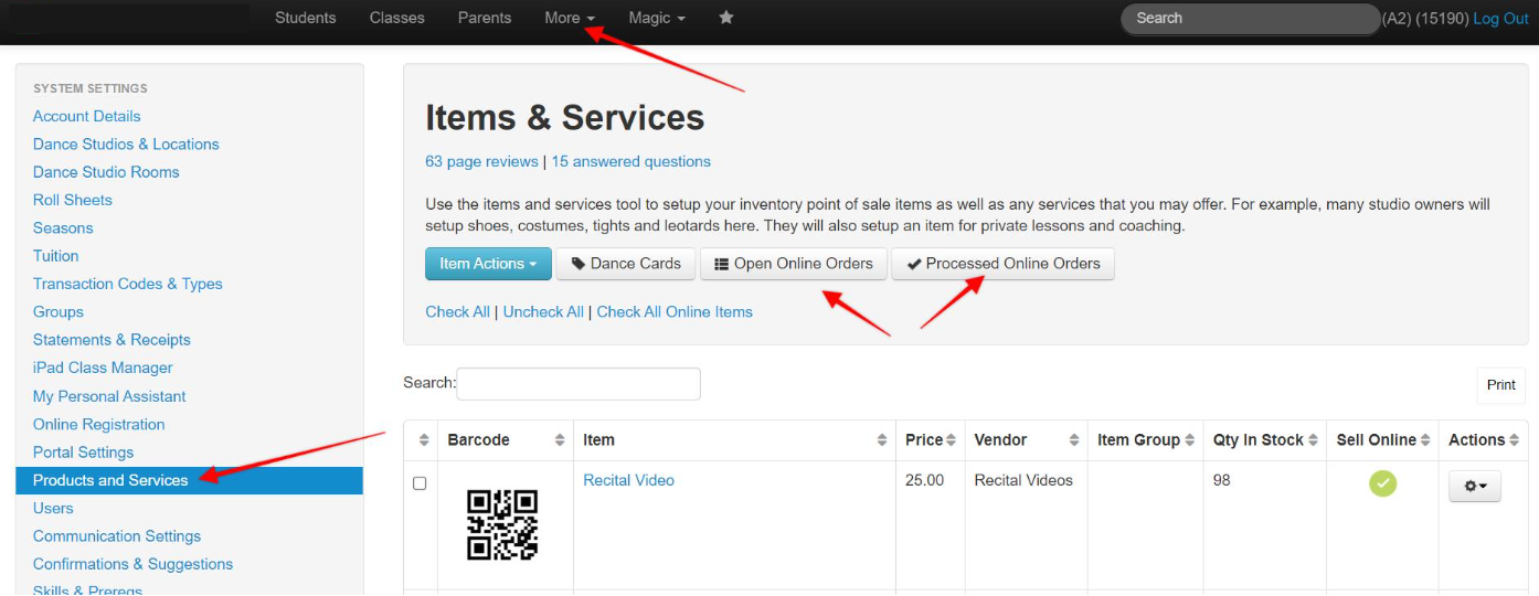 Items & Services dashboard interface