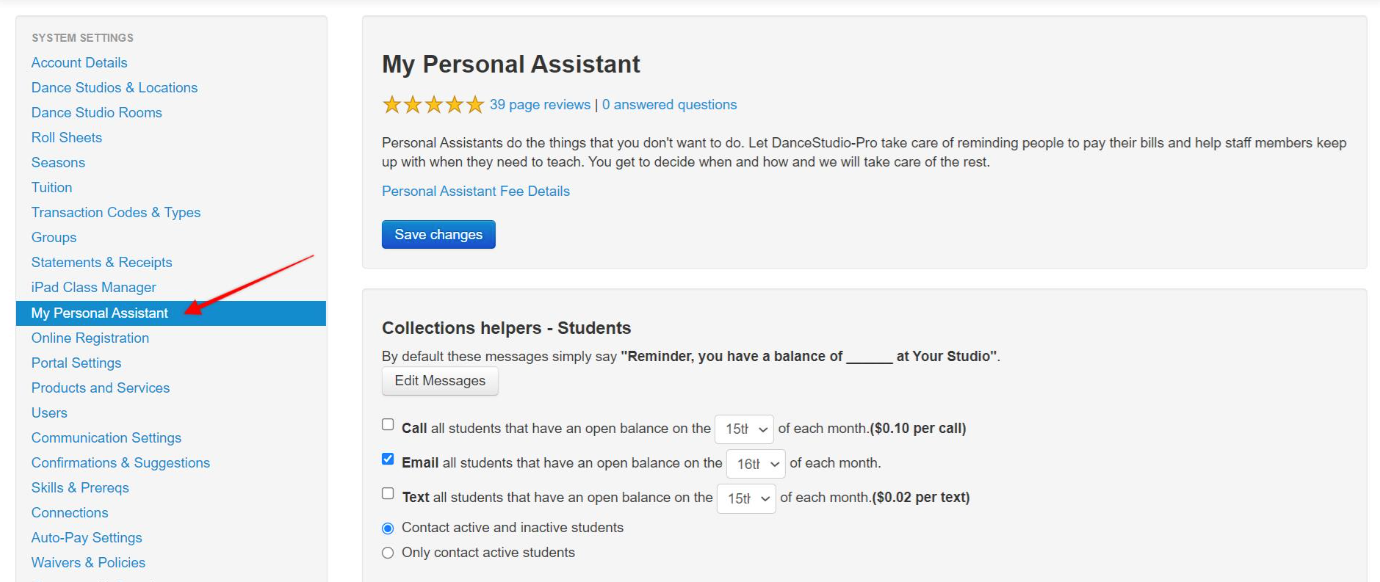 My Personal Assistant" settings page.