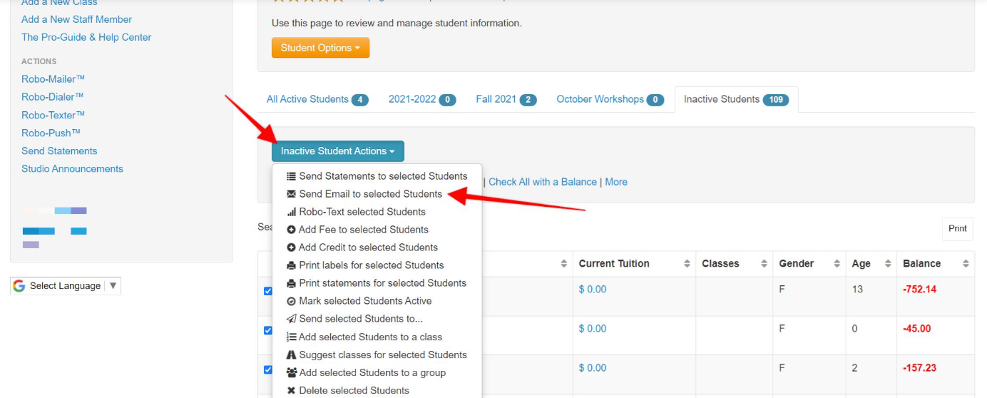 Inactive student actions dropdown menu