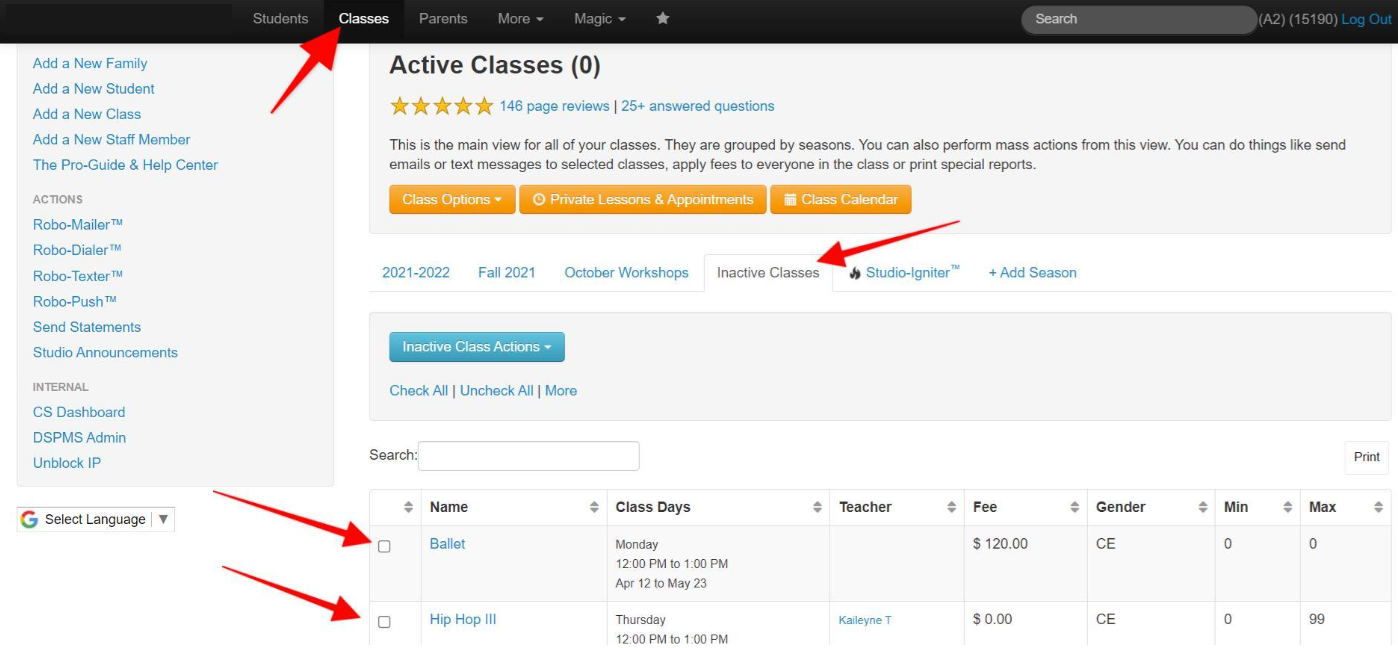 Class management dashboard interface.