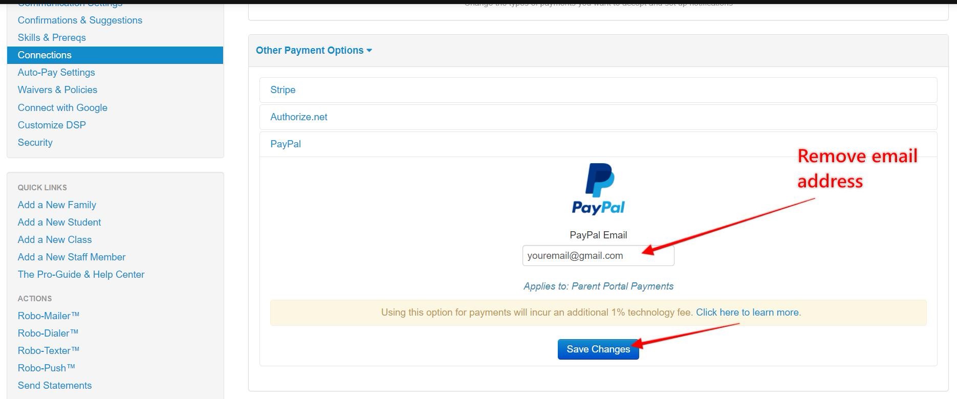 PayPal email settings page with save button.
