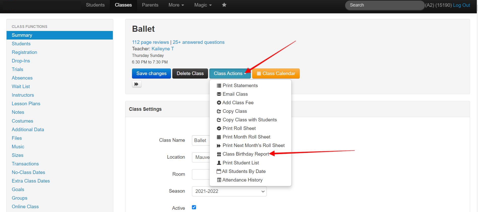 Class management interface with dropdown menu.