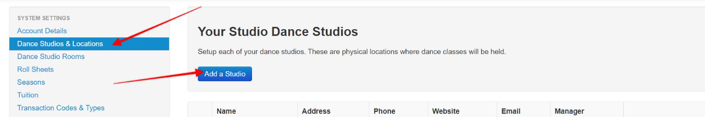 Dance Studios & Locations menu screen