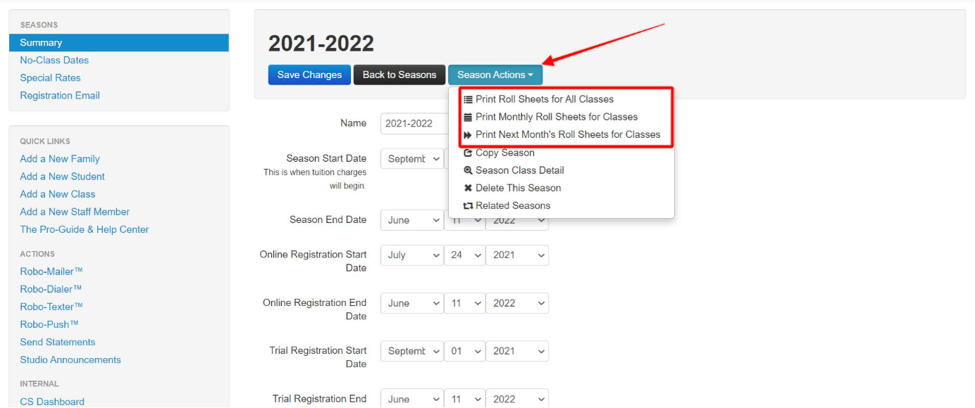 Season Actions dropdown menu options.