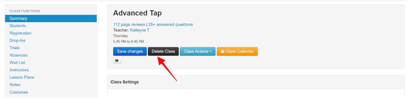 Class management interface with action buttons.