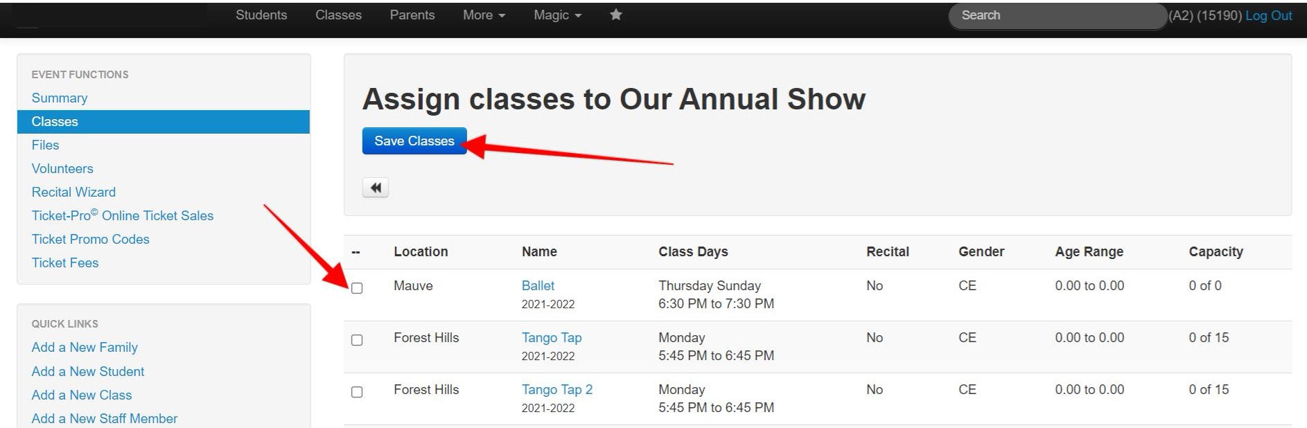 Assign classes to Annual Show interface