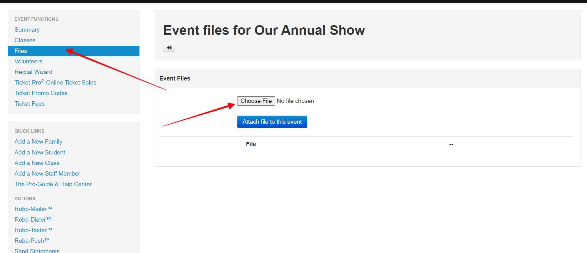 File upload interface for event files.