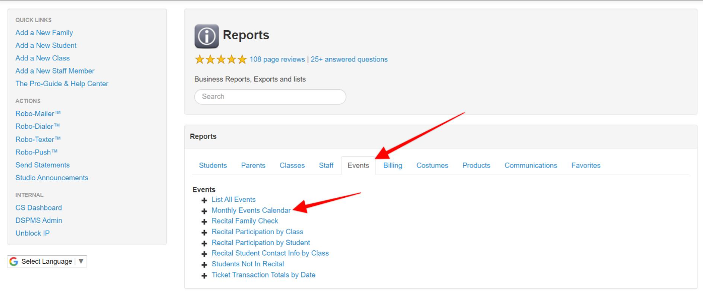 Reports page with Events tab highlighted.