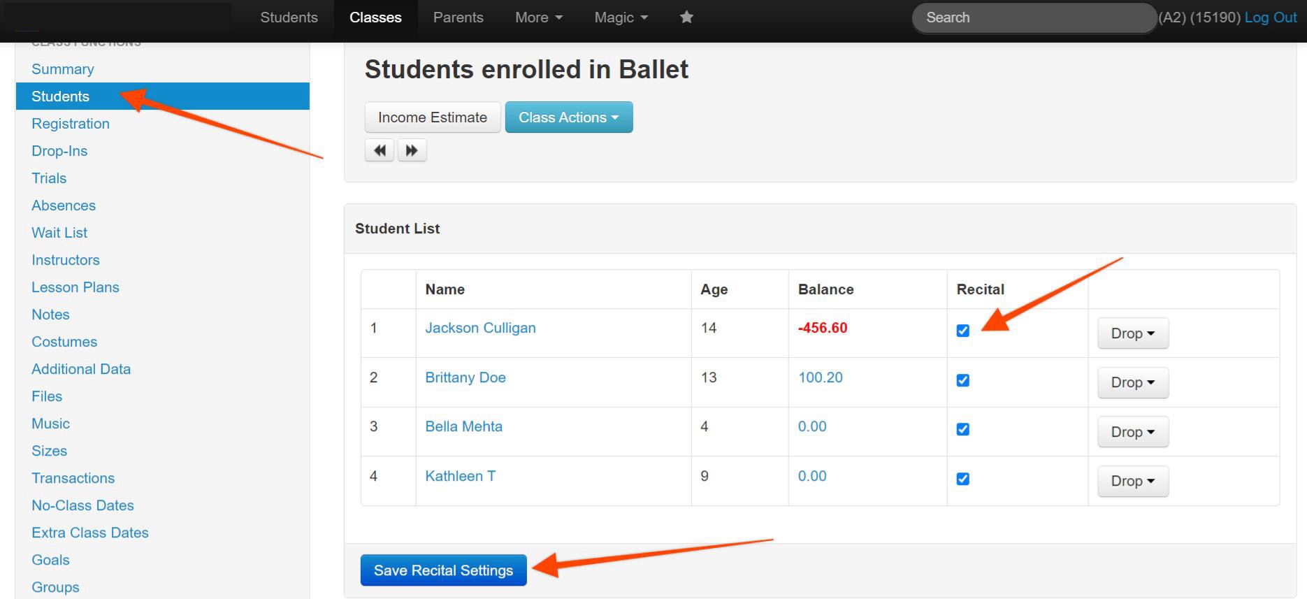 Student list for ballet class management.