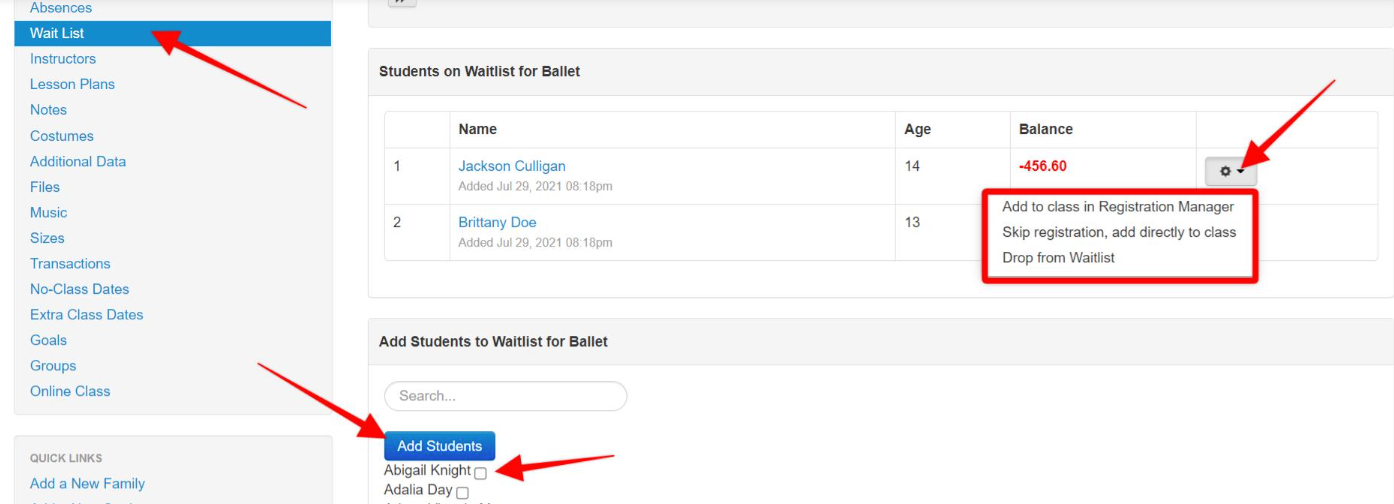 Student waitlist for ballet class interface.