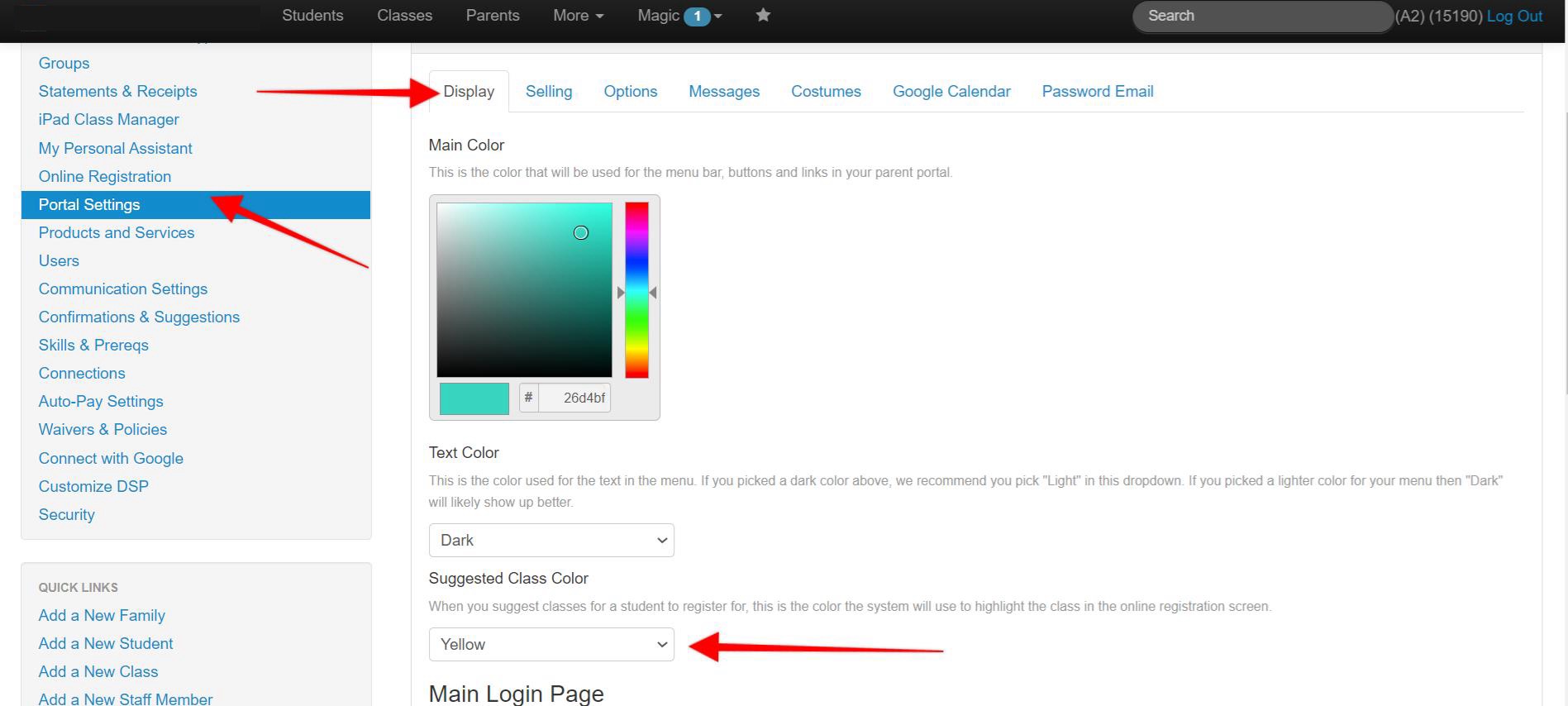 Portal settings display options screen.