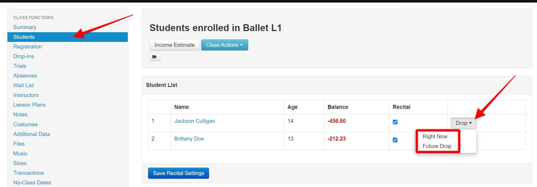 Student list for Ballet L1 class management.