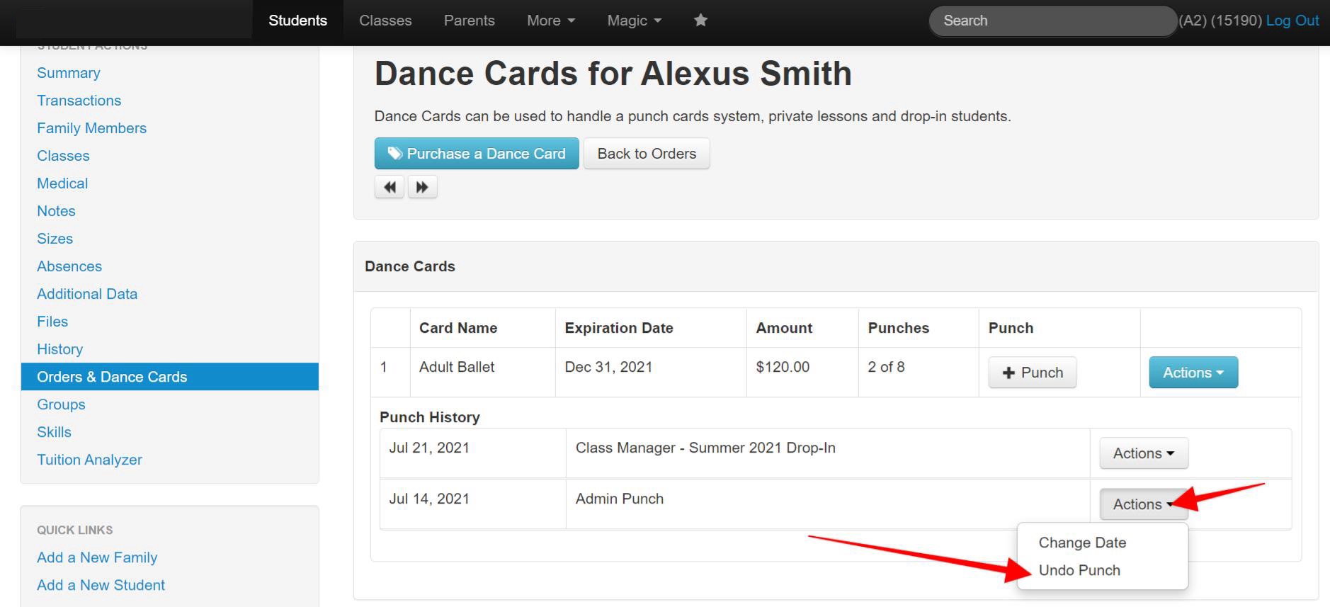 Interface for managing dance cards.
