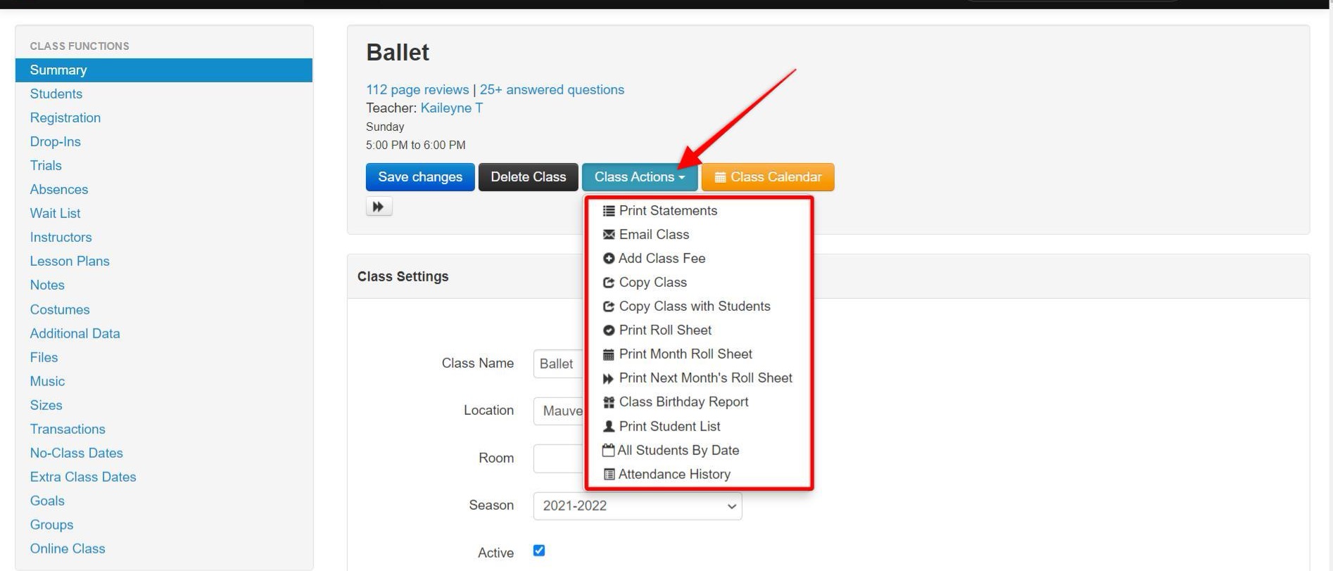 Class actions dropdown menu options.