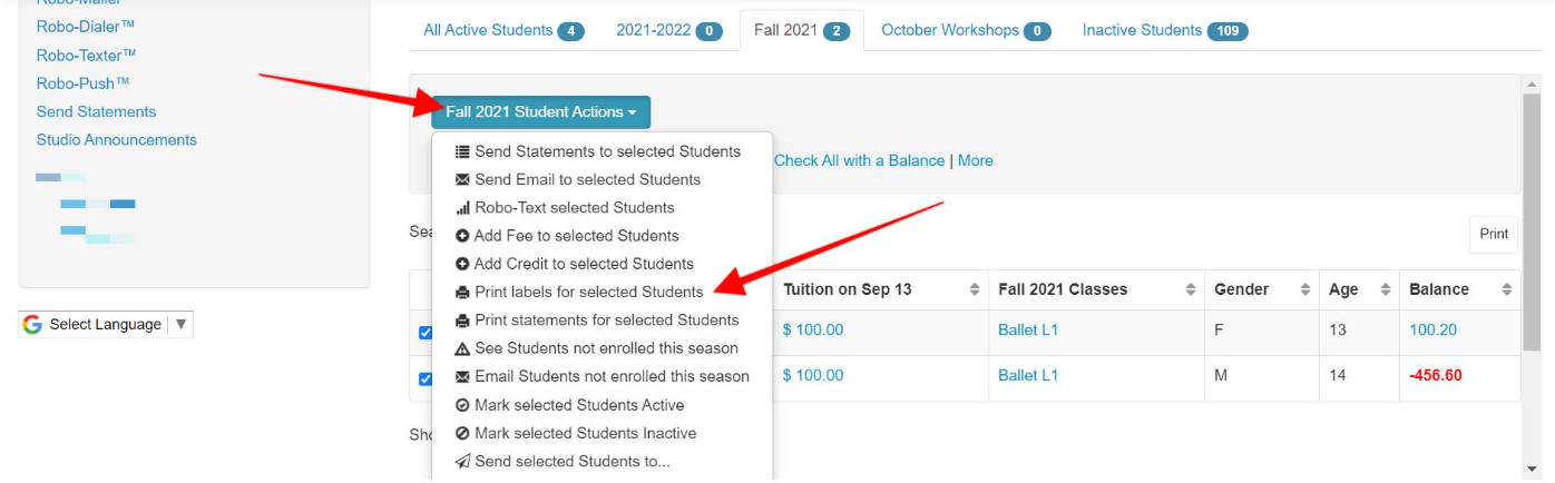 Dropdown menu with student actions.