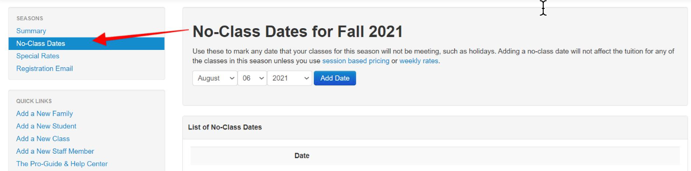 No-Class Dates for Fall 2021 page interface