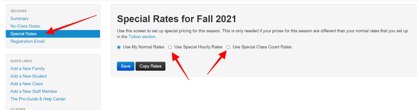 Special Rates selection screen for Fall 2021