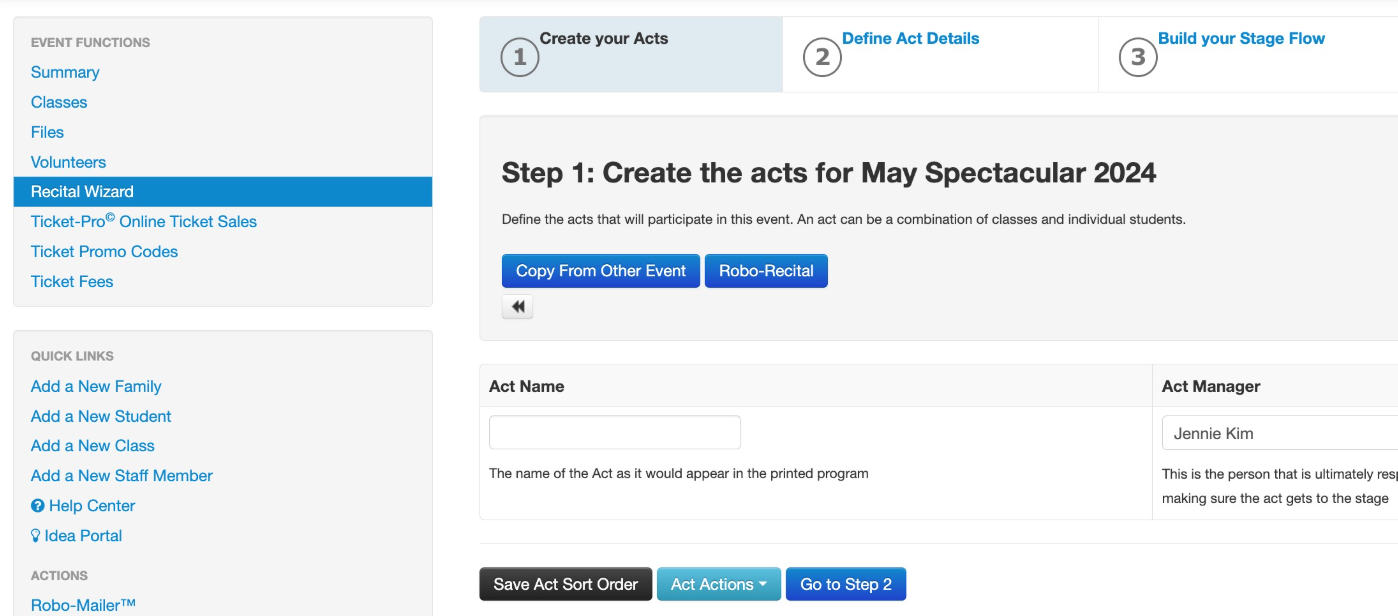 Recital Wizard interface for creating acts.