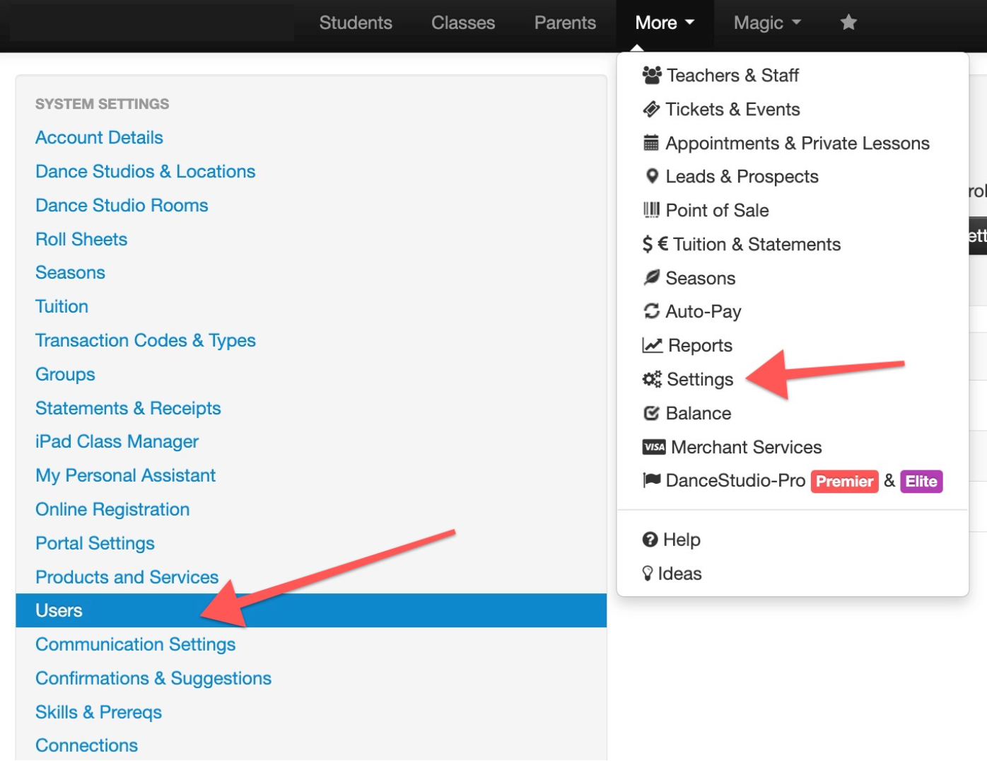 Settings Menu with highlighted options.