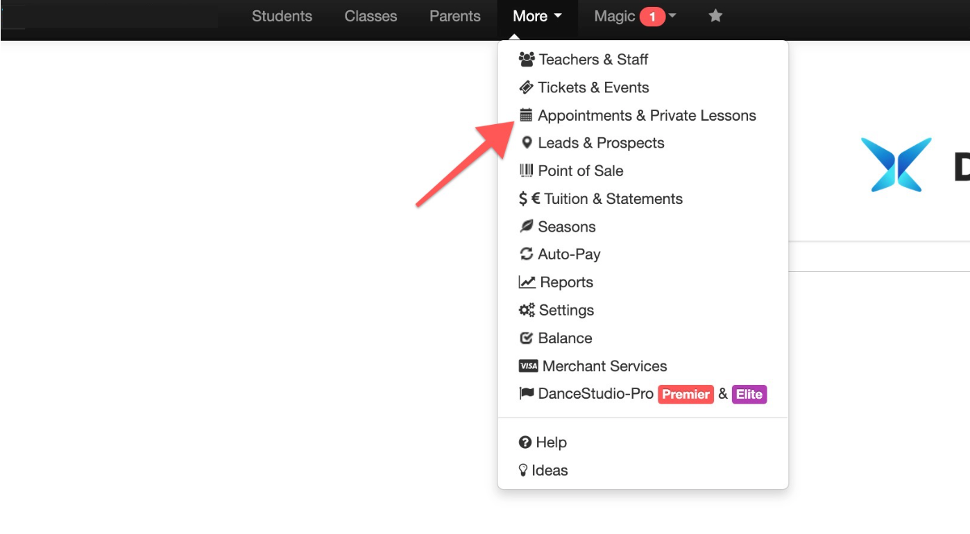 Dropdown menu with various options.