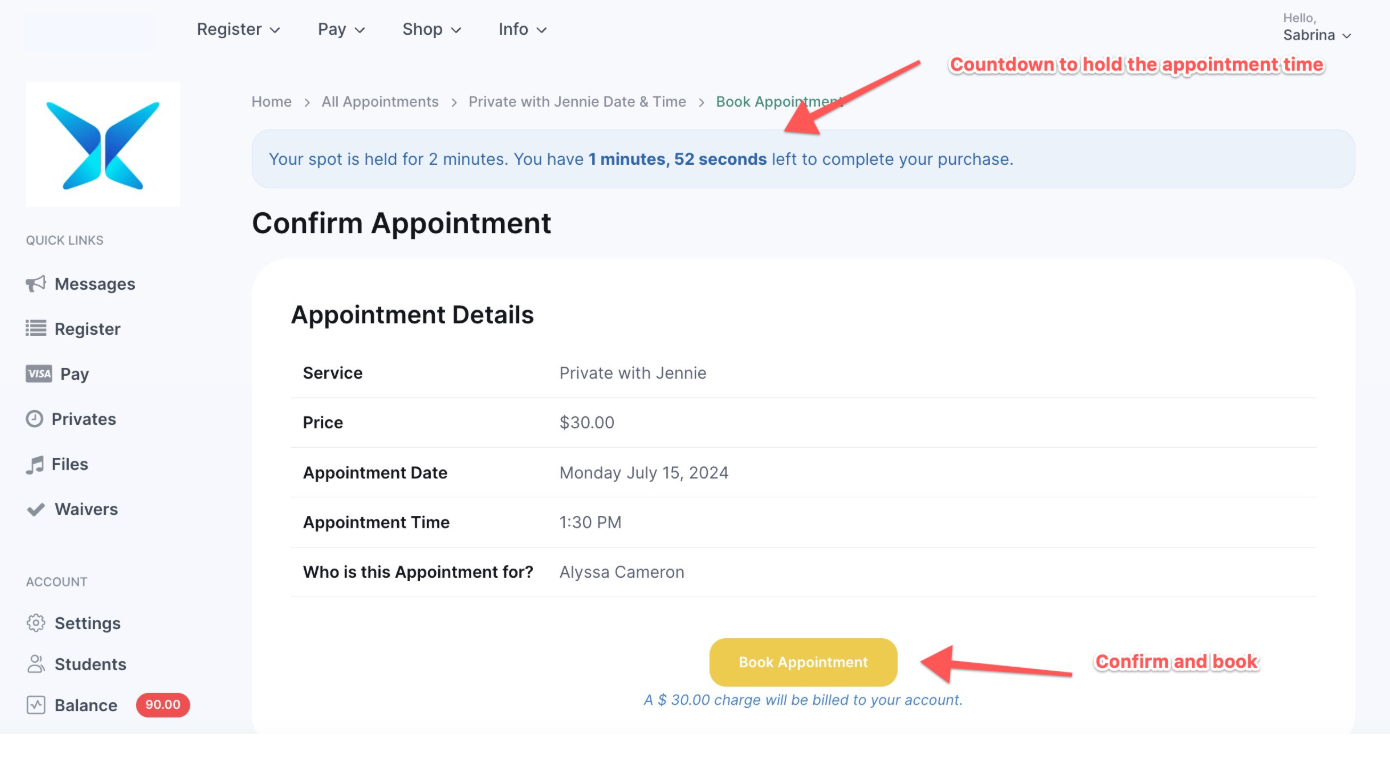 Appointment booking confirmation page