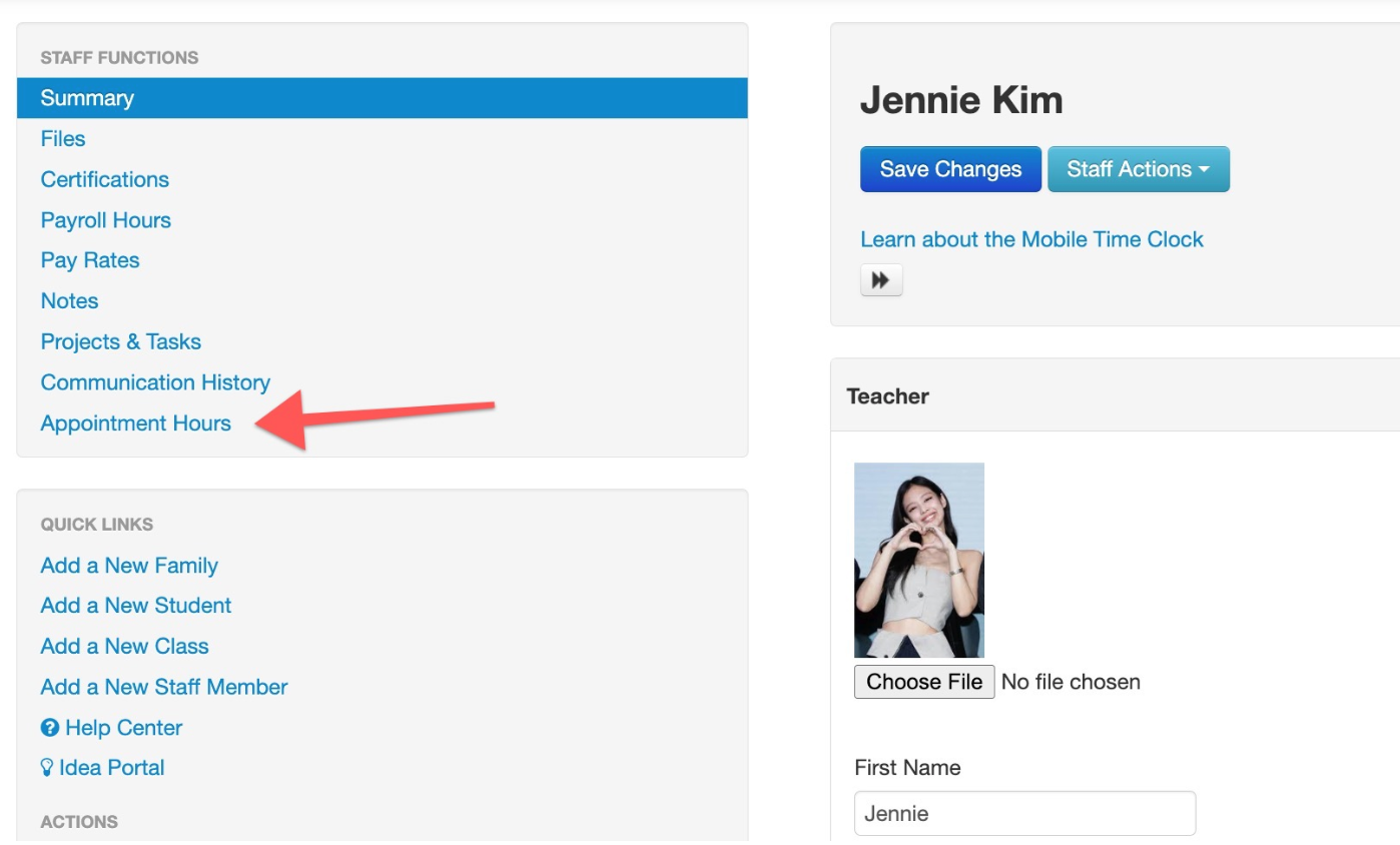 Dashboard with staff functions and teacher info.