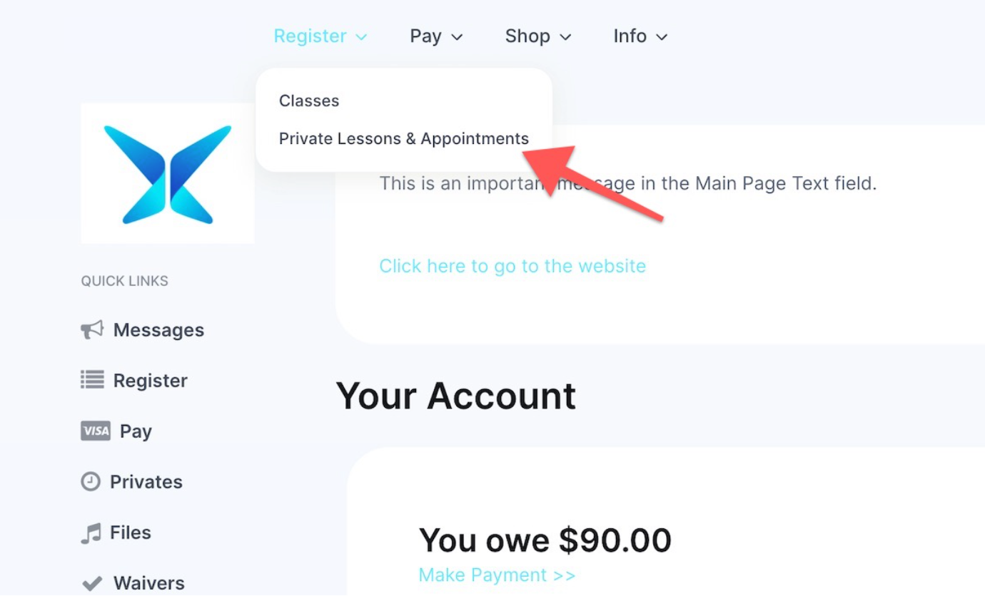 Dropdown menu with classes and appointments.