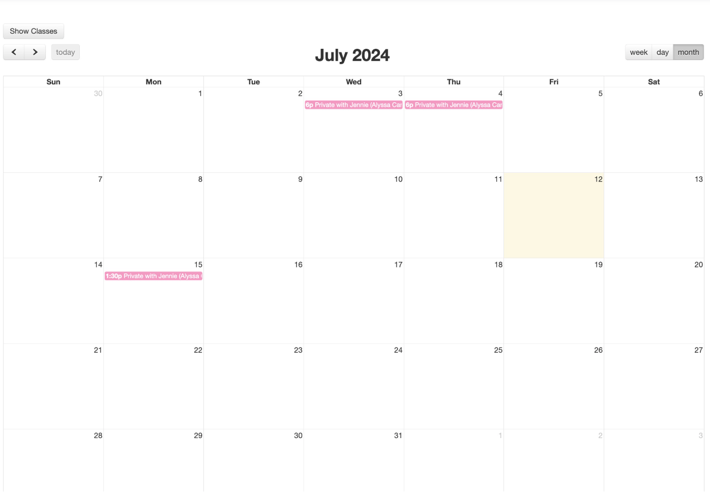 July 2024 calendar with dance class entries.