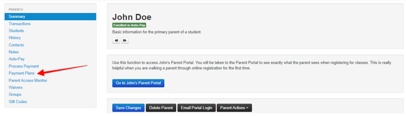 Screenshot of parent profile.