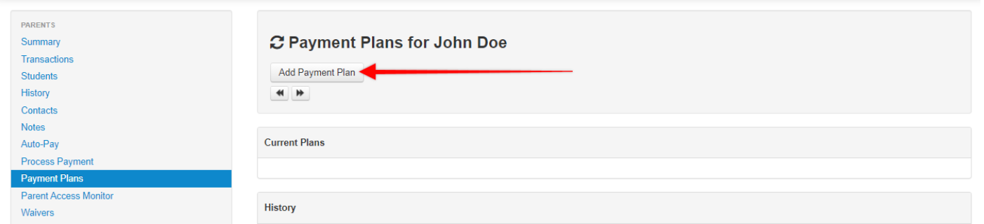 Screenshot of payment plans section of parent profile.