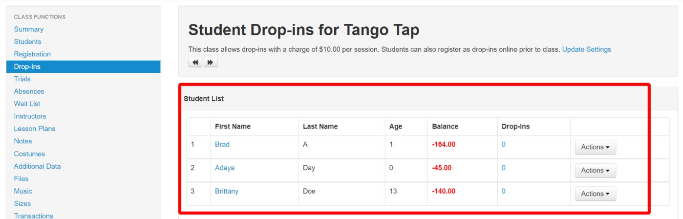Student drop-in list for Tango Tap class.