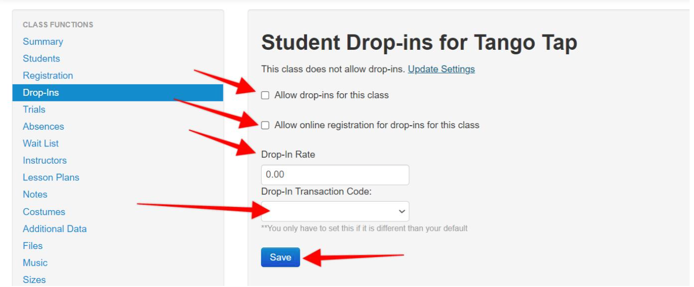 Drop-ins settings for Tango Tap class.