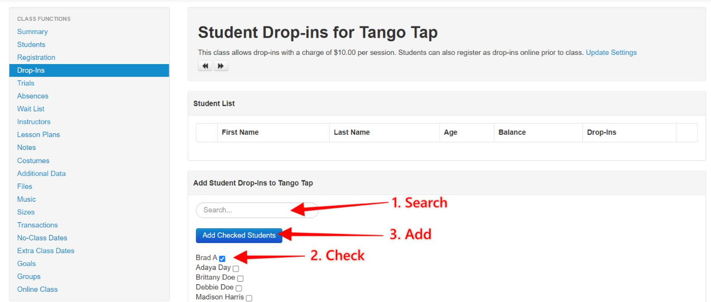 Student drop-in interface for Tango Tap class.