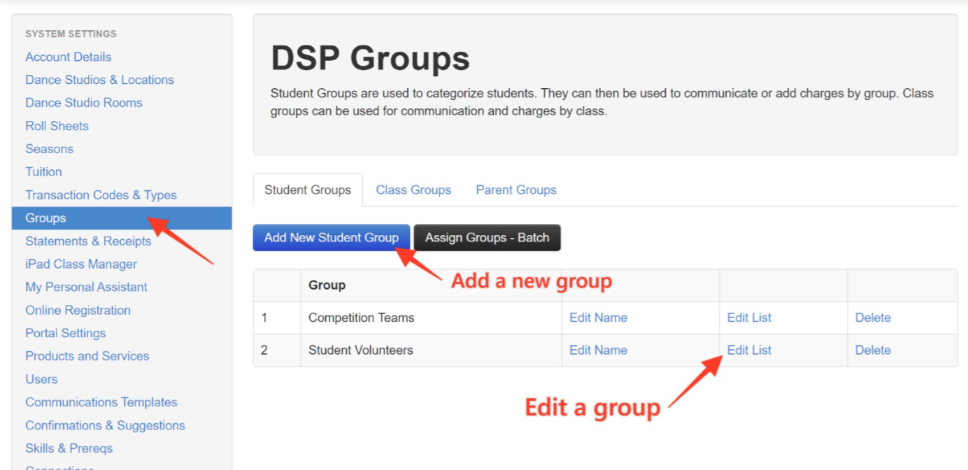 Manage student groups interface.