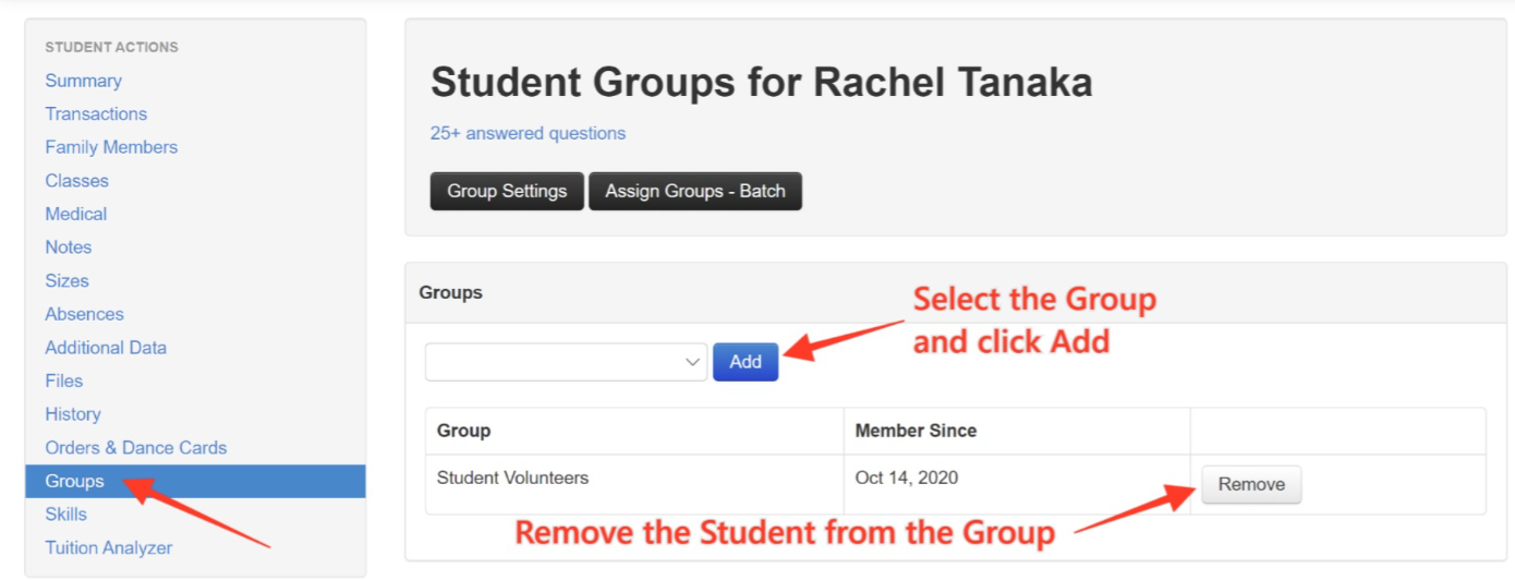 Student group management interface screenshot.