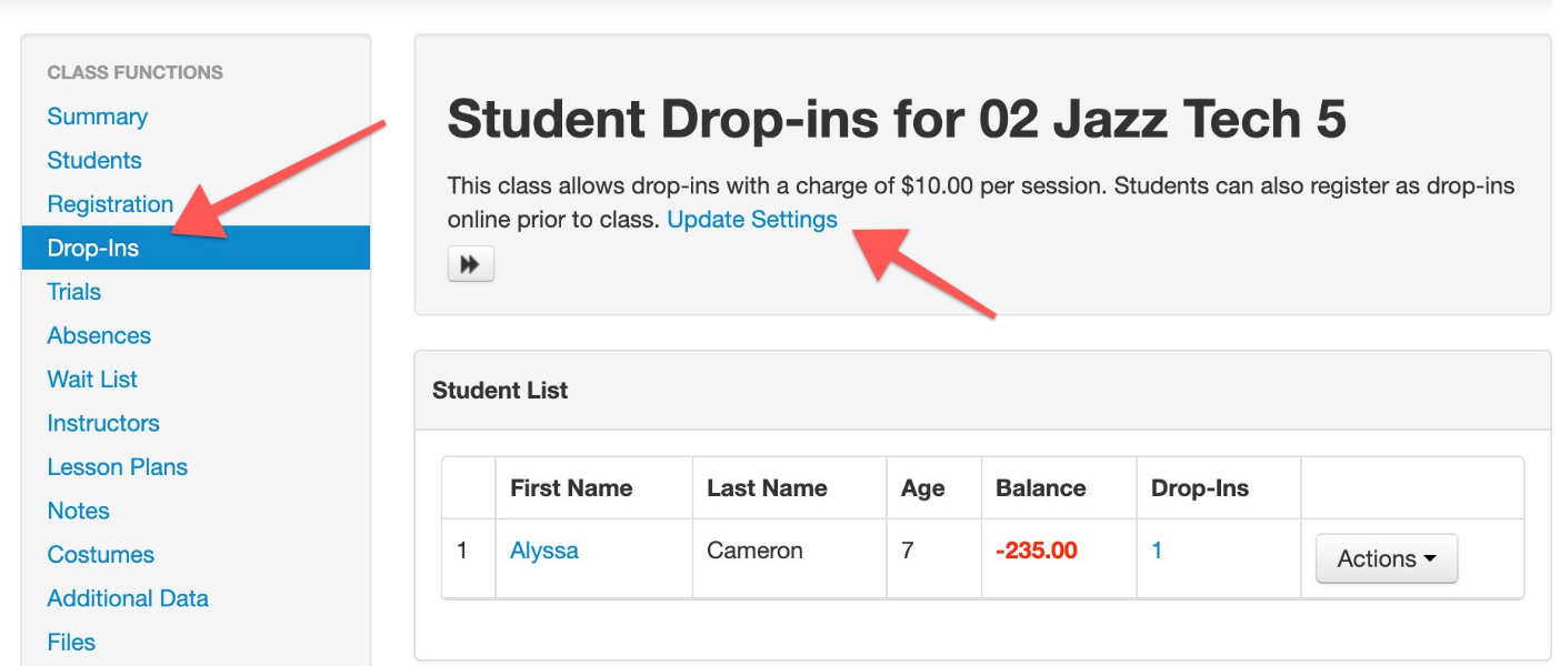 Student drop-in details for Jazz Tech class.