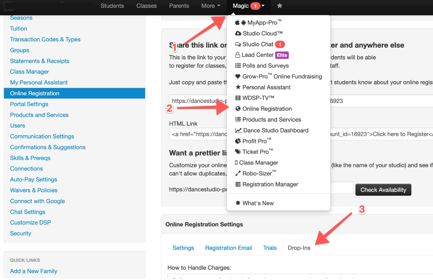Online registration settings interface
