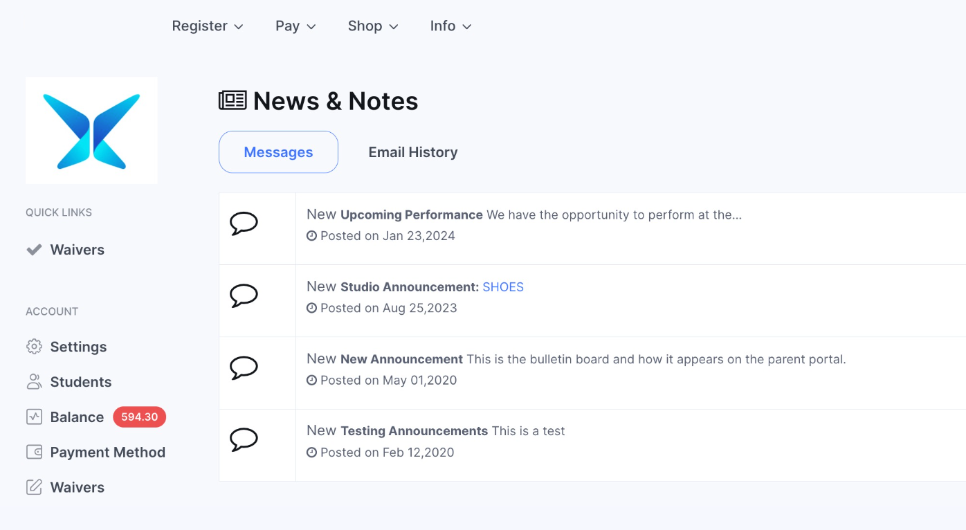 Dashboard with news and notes section.