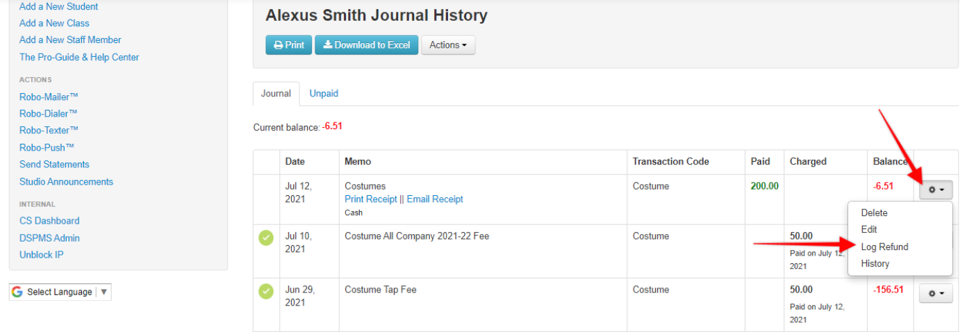 Journal history with balance details.