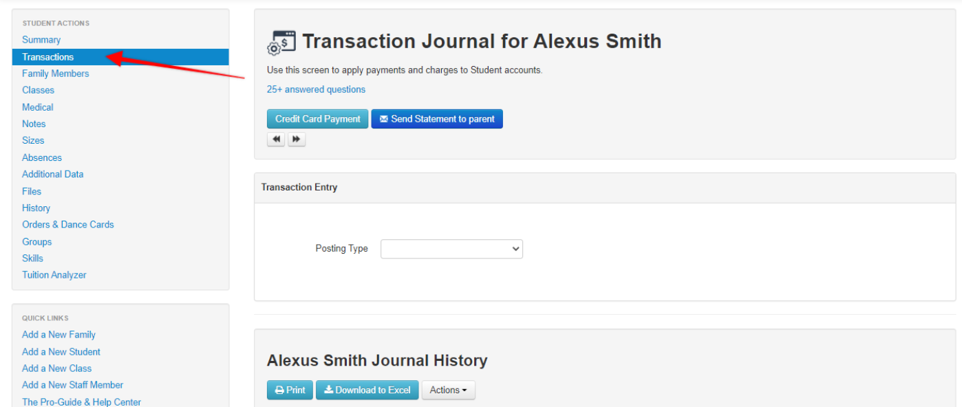 Transaction journal interface screenshot