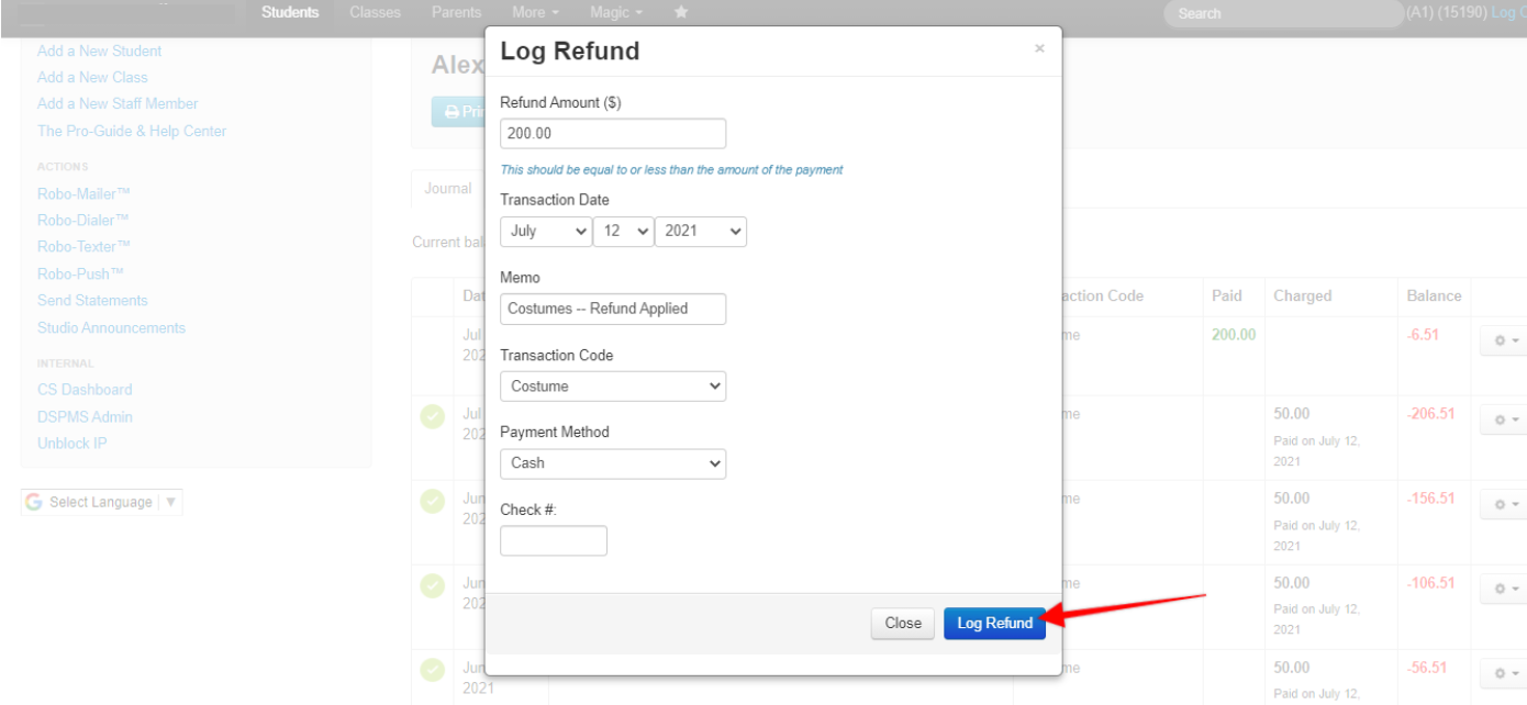 Log Refund" form interface.