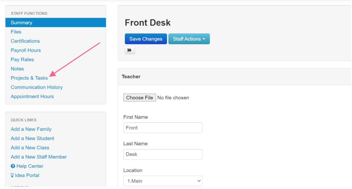Dashboard with Staff Functions menu.