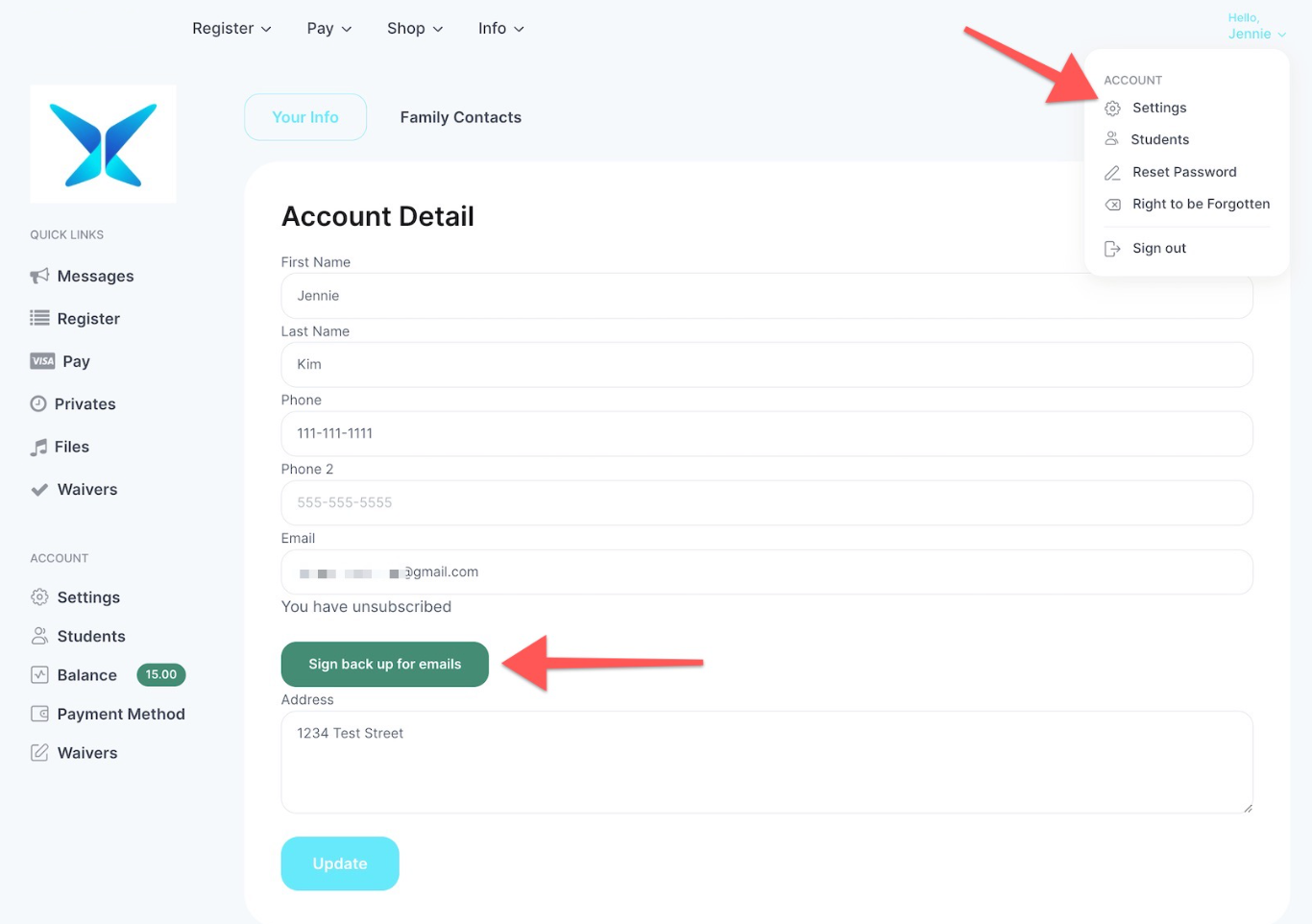 Account Detail page with email sign up button.