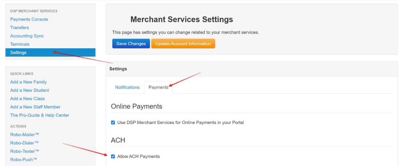 Merchant Services Settings page