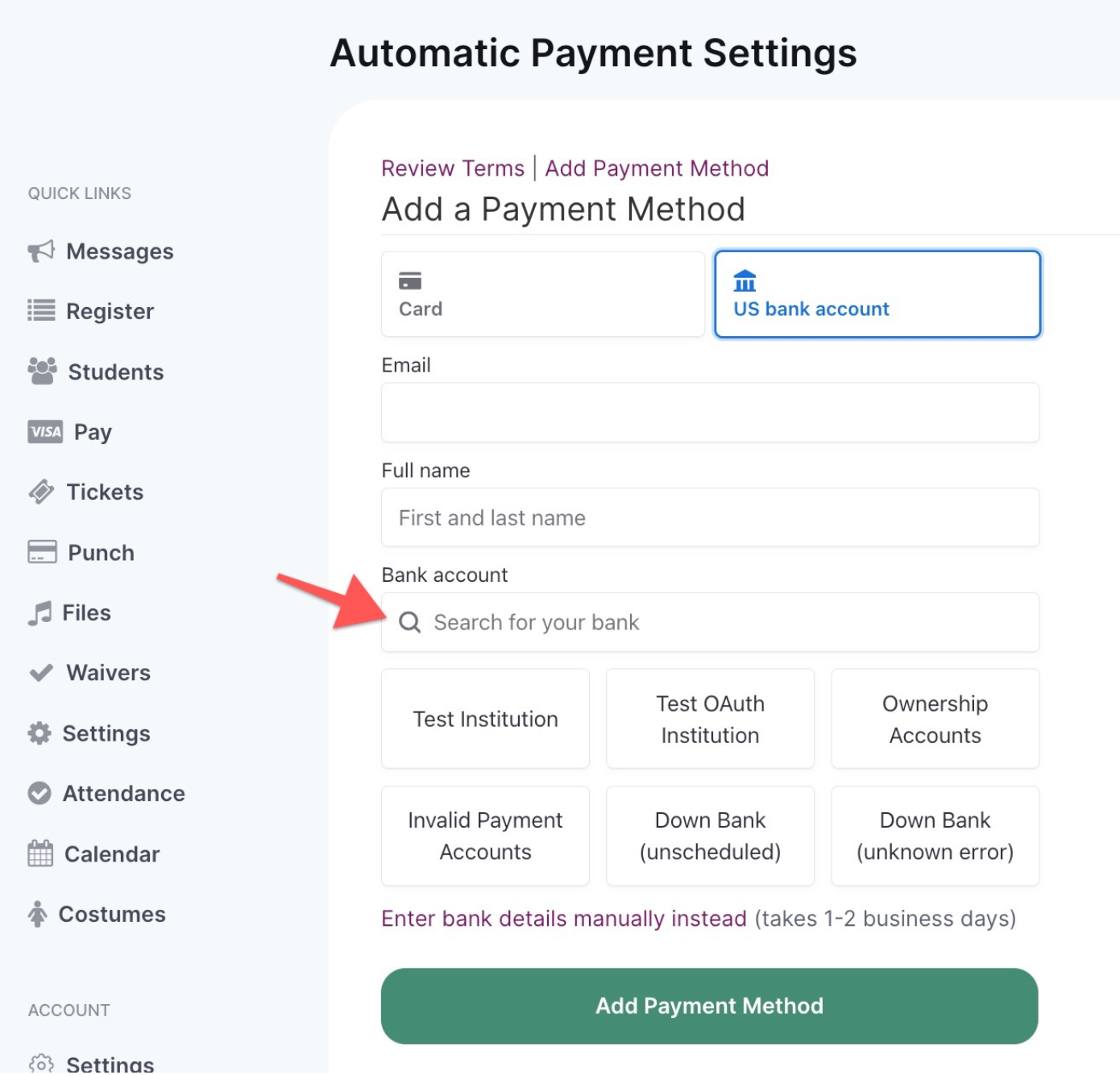 Add a Payment Method form interface