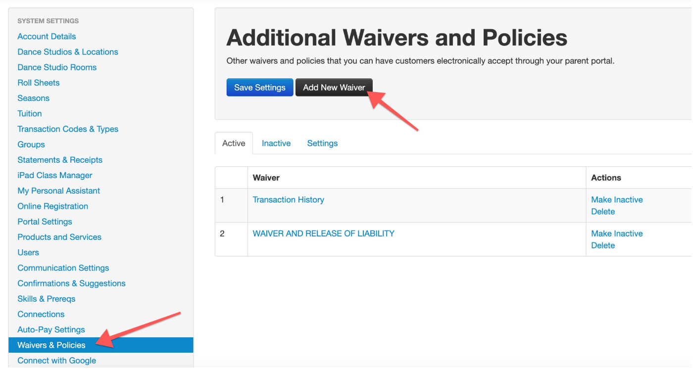 Waivers and Policies page interface.