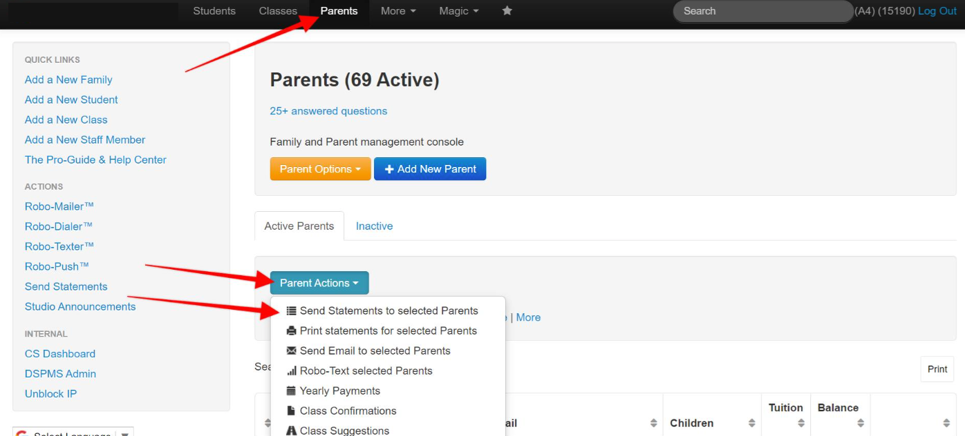 Parent Actions Menu