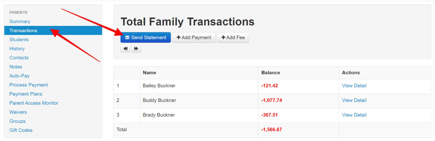 Family Transactions Page.