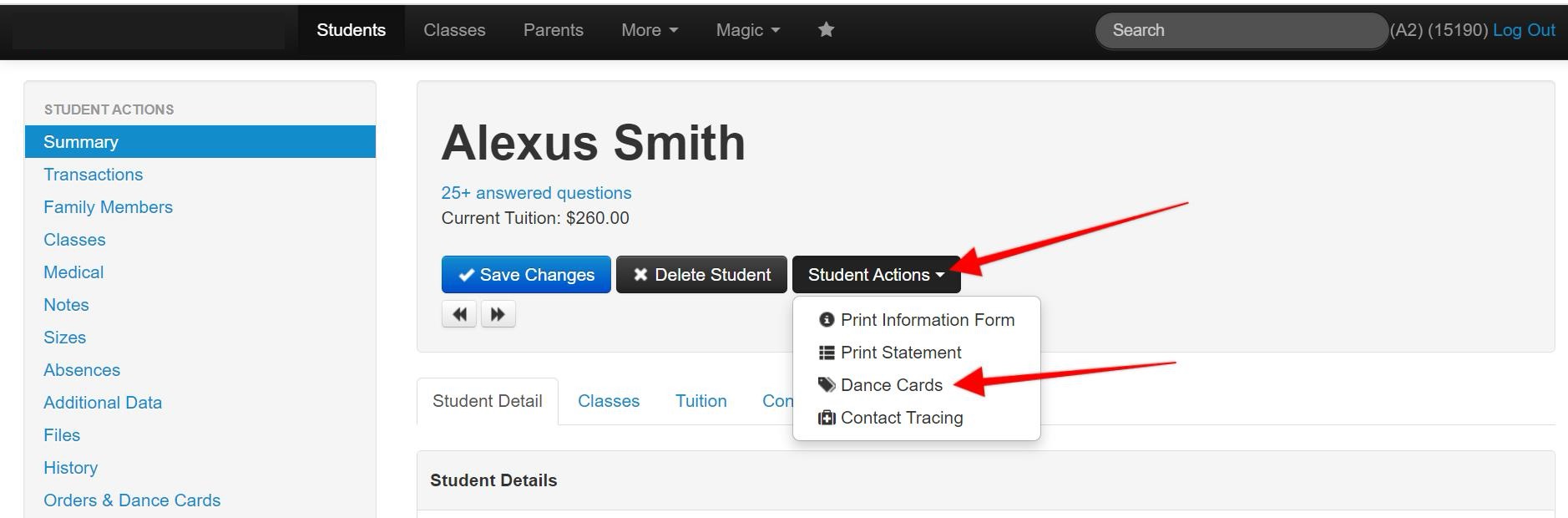 Student profile with action menu dropdown.