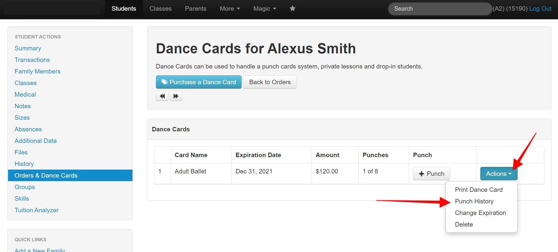 Webpage showing dance card details and actions.